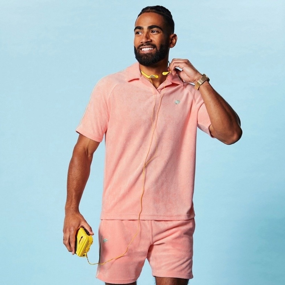 NWT Fabletics The Island Terry Polo Shirt Men's XXL Peach Kiss Pink Towel Fabric